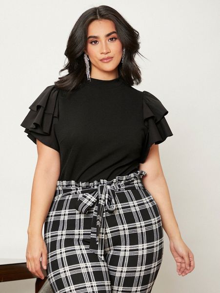 

plus mock neck layered sleeve tee 59vm#, Black