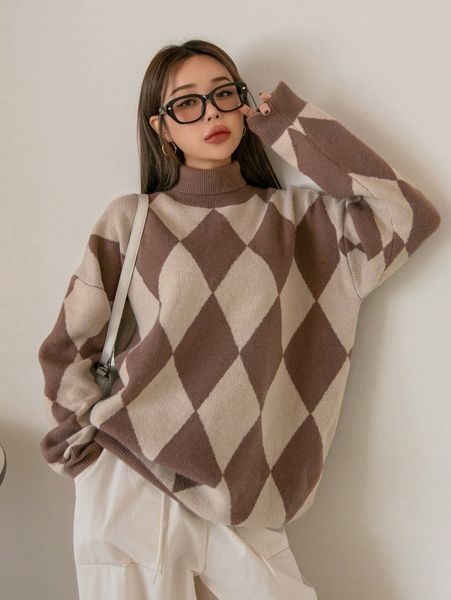 

dazy argyle pattern turtleneck drop shoulder oversized sweater x2jg#, White;black