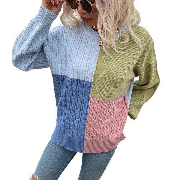 Pullover Damen Herbst und Winter neuer Blockspleiß Laternenärmel gebratener Teig Twist Kontrastfarbenpullover