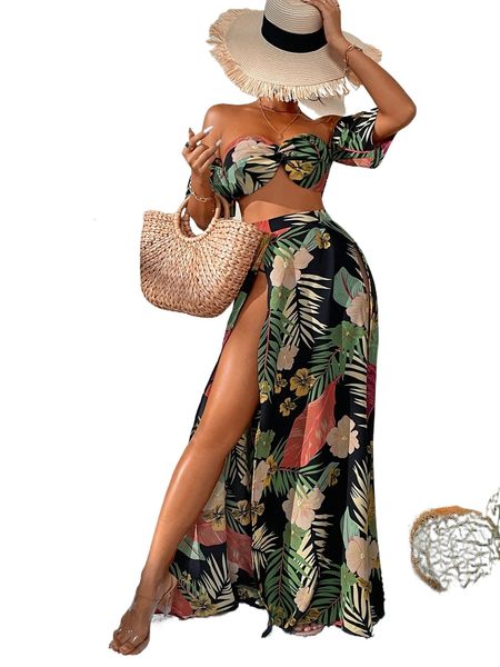 

tropical print tube & split thigh skirt q0lx#, White