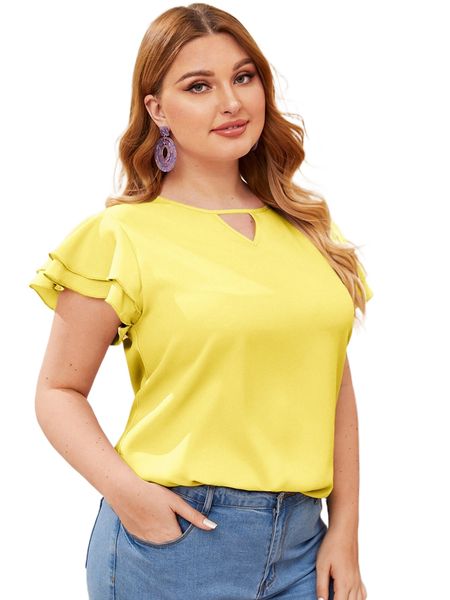 

plus keyhole neck layered flutter sleeve o5hb#, Black