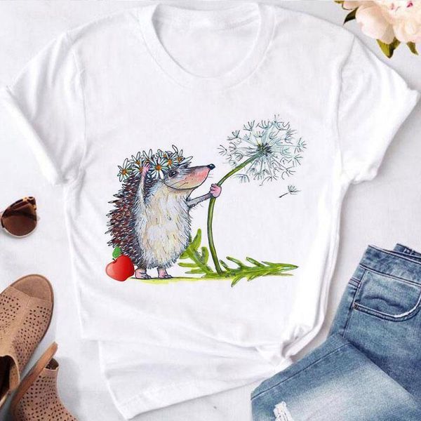 Frauen T-Shirt Niedlichen Igel Mit Löwenzahn Frau T Shirt Lose 2022 Weibliche Sommer Spaß Cartoon Tops Rundhals Kawaii t-shirts