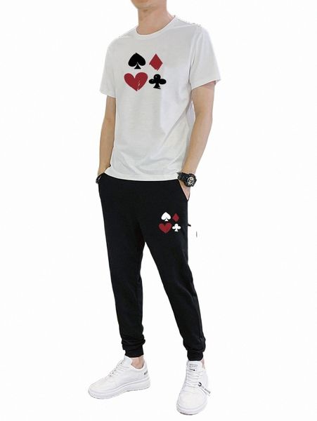 

men playing card print tee & drawstring waist sweatpants 03wn#, Gray