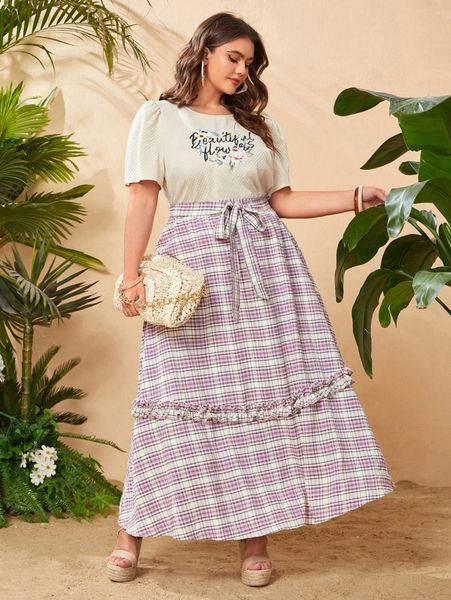 

plus floral & letter graphic & plaid ruffle hem belted skirt x7ey#, Black