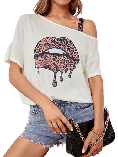 

leopard & lip print asymmetrical neck drop shoulder tee c48v#, White