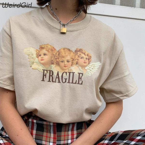 

weirdgirl women baby angel printing casual fashion tshirts letter short sleeve oneck khaki loose female tees summer y200412, White