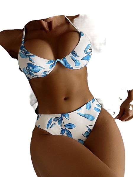

plant print underwire bikini swimsuit 51k9#, White;black