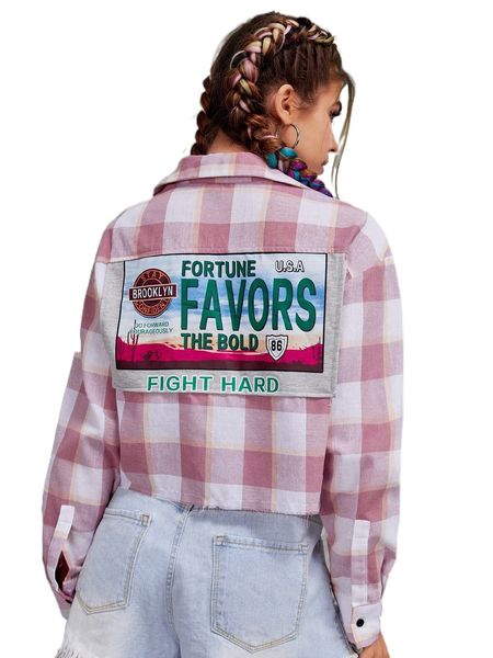 

buffalo plaid & slogan graphic flap pocket blouse k26s#, White