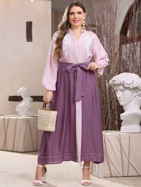 

plus appliques pearls beaded belted dress u3zi#, Black