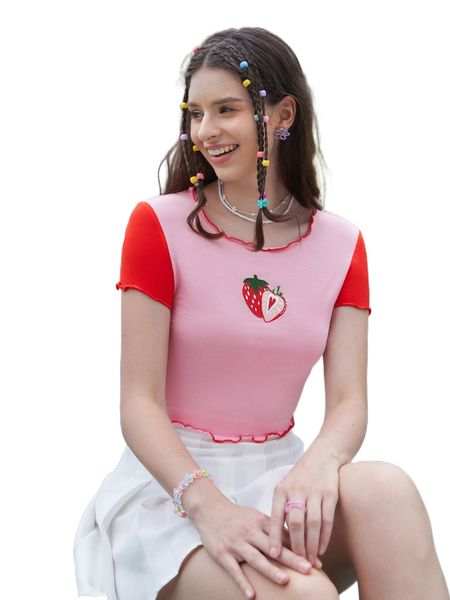 

mod strawberry embroidered lettuce trim tee d56z#, White