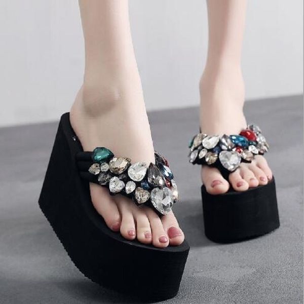 

super high heels clip toe women flip flops 6 cm 8 cm 11 cm platform wedge heel crystal beach slippers 1225 y200423, Black