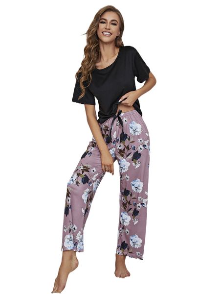 

floral print knot waist pj set x3zd#, Black;red