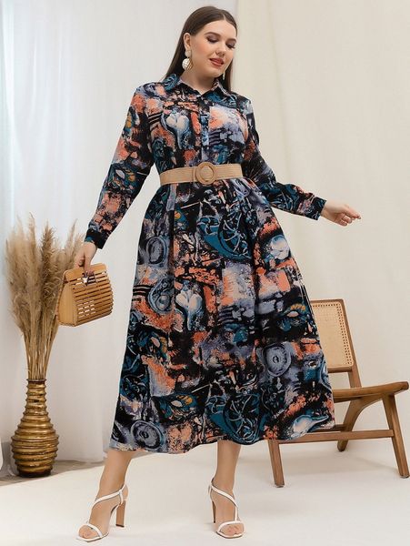 

plus allover print shirt dress without belt d0vg#, Black