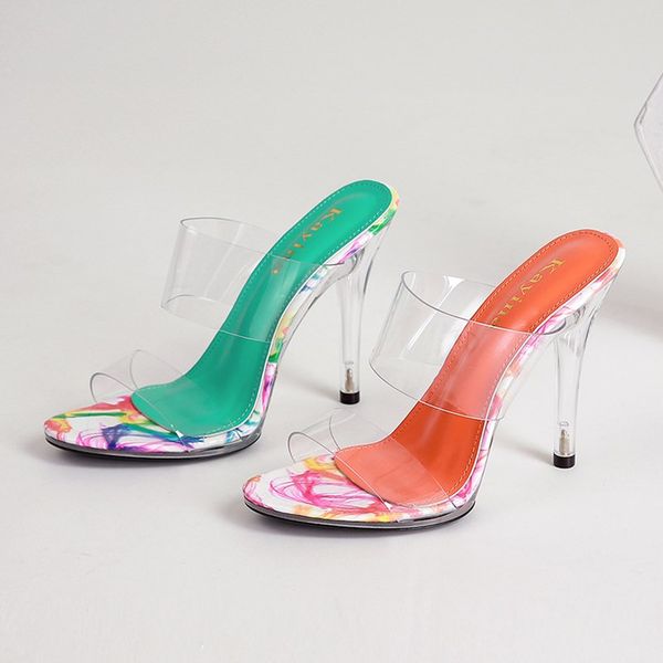 

women plus size dress shoes spring 2022 european and american fashion sandals transparent pu crystal heel high heels fish mouth outside wear, Black