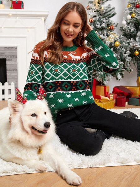 

christmas deer & geo pattern sweater w2lb#, White;black