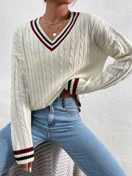 

contrast binding cable knit sweater g3ht#, White;black