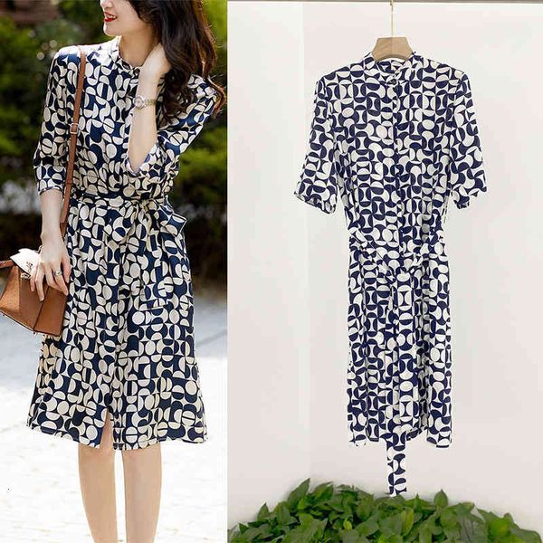 

casual dresses p435465dlm light luxury high-quality silk printed short sleeved shirt dress from spring to autumn, Black;gray