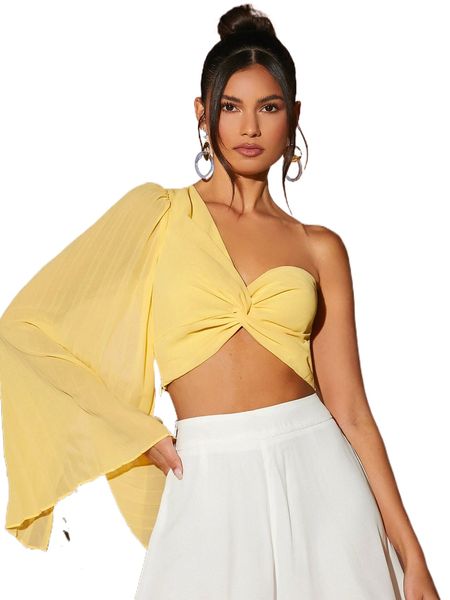 

twist one shoulder split sleeve crop w36d#, White