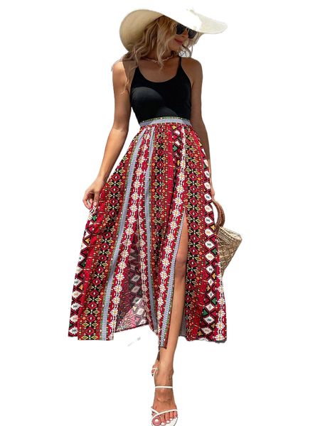 

geo print crisscross back slit thigh belted cami dress 43a5#, Black;gray