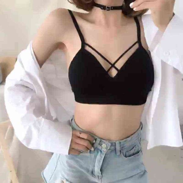 

detachable breast pad tube pure cotton triangle cup girls push up front cross wireless bra beauty back underwear l220726, Red;black