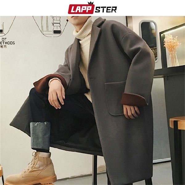 LAPPSTER Cappotto invernale da uomo Cappotto di lana vintage 2020 Cappotto da uomo giapponese Streetwear Tasche di lana Cappotto lungo maschile coreano LJ201106