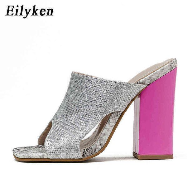 

slippers eilyken woman 2022 bling fashion square toe chunky high heels summer glitter hollow sandals for women 220329, Black