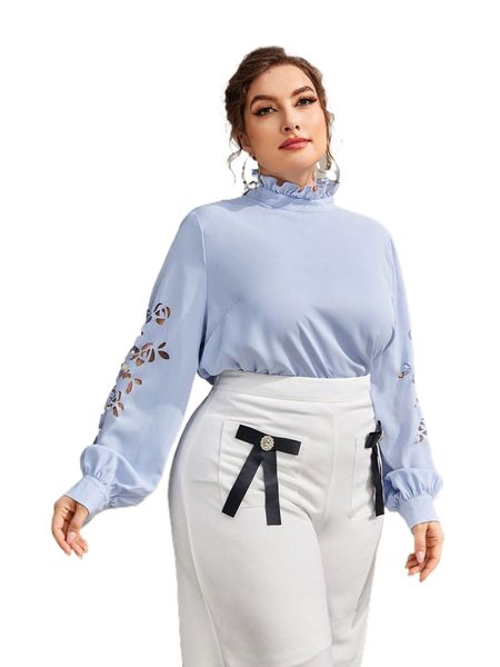 

plus mock neck cut out bishop sleeve blouse d5ci#, Black