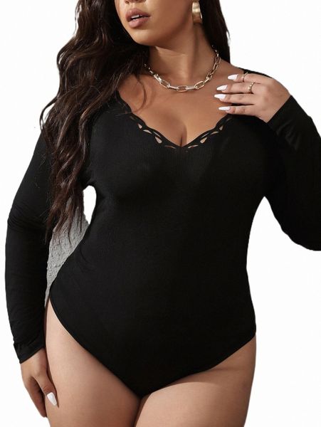 

plus rib-knit cut out bodysuit y57k#, Black