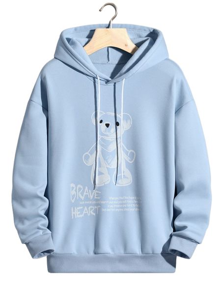 

men bear and slogan graphic thermal lined drawstring hoodie 65xz#, Black