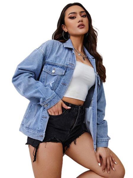 

d.rop s.houlder r.ipped d.enim jacket u9uj#, Black;brown