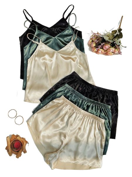 

3pcs solid cami & shorts pj set o5da#, Black;red