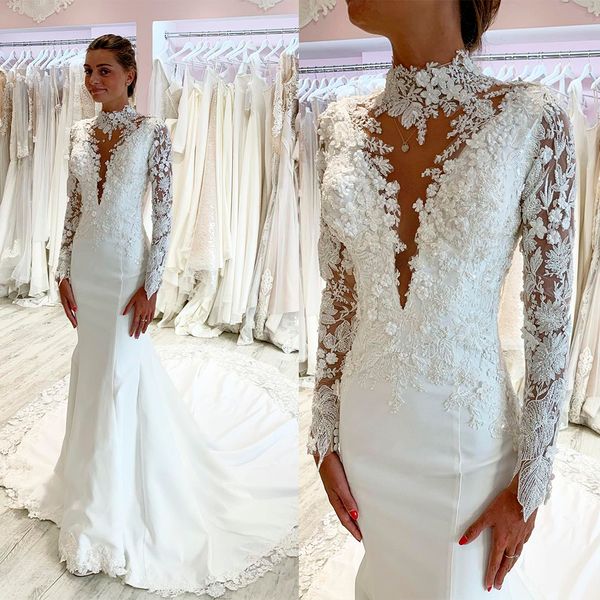

3d floral mermaid wedding dresses beads high neck long sleeve lace appliques african arabic wed bridal gowns plus size, White
