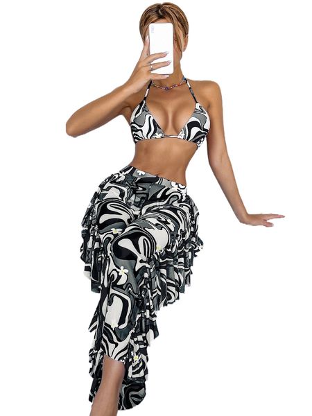 

bikinx 3pcs allover print ruffle trim bikini swimsuit h0ok#, White;black