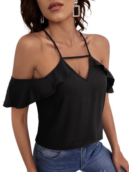 

cold shoulder ruffle blouse 82bq#, White