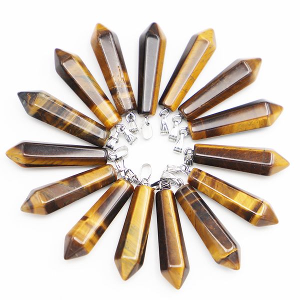 

naturalstone hexagonal prism pillar charms tigers eye point chakra pendants for jewelry making, Bronze;silver