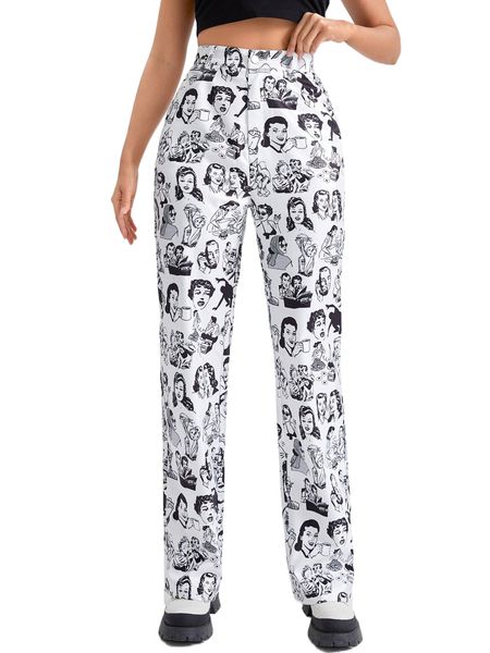 

high waist figure graphic straight leg pants j0gu#, Black;white