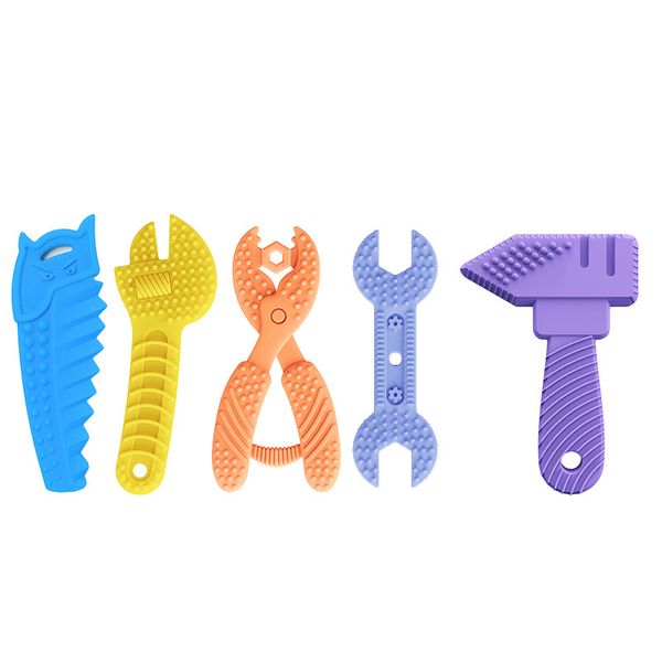 Baby-Silikon-Beißring, Zahnhammer, Schraubenschlüssel-Form, Kauspielzeug, Säuglings-Mundpflege-Werkzeugset, 5er-Set