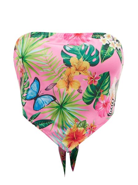 

hanky hem tied backless tropical print tube m0il#, White