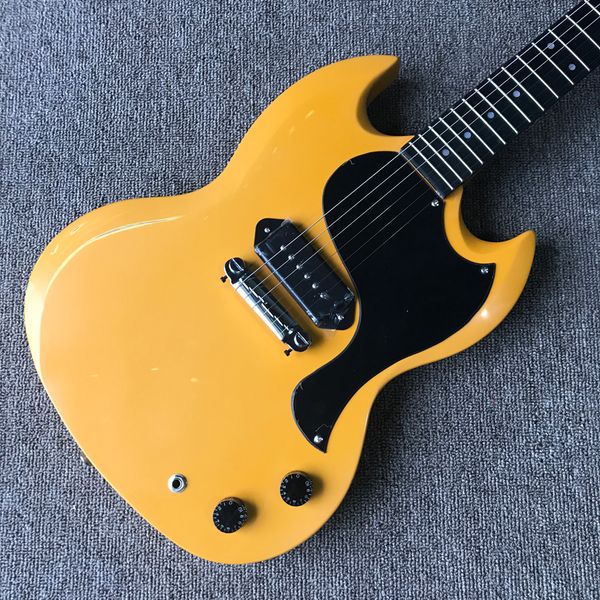 

relic sg electric guitar, ebony fingerboard, chrome hardware, one p90 pickup, cream yellow, solid mahogany guitar