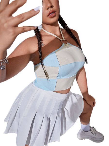 

plus colorblock o-ring detail backless crop halter f2de#, Black