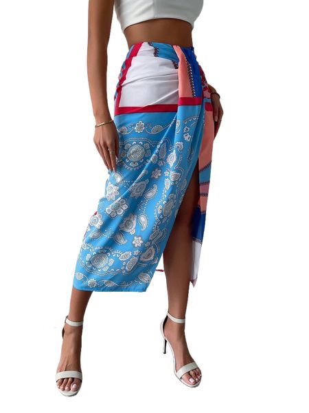 

paisley print draped front slit skirt o7ae#, Black