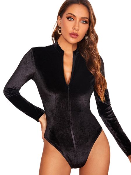 

solid zipper slim fit velvet bodysuit t9ey#, White