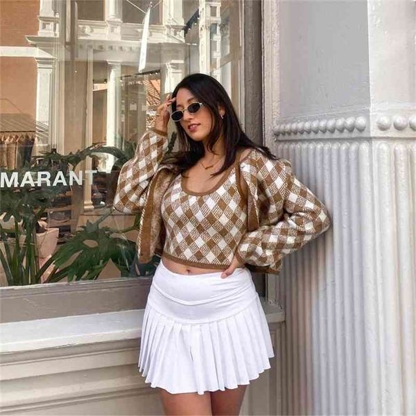 Herbst Winter Frauen Zwei Stück Set Strickjacke Argyle Muster Top Stricken Leibchen Strap Casual Chic Mode Weibliche Set 210331