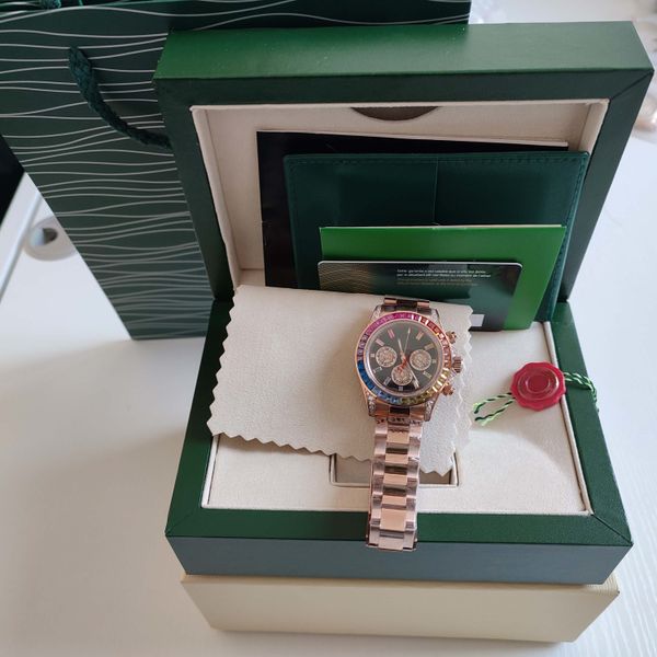 Com caixa homem relógio rosa ouro arco-íris diamante preto rosa dial relógio masculino 116595 relógio de pulso automático moda masculina caixa/papéis