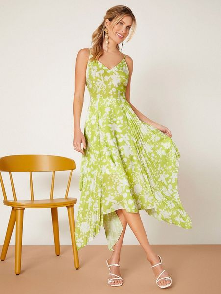 

floral print pleated hem cami dress z4ea#, Black;gray