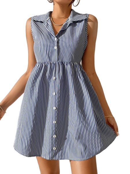 

petite striped button front sleeveless dress b6gq#, Black;gray
