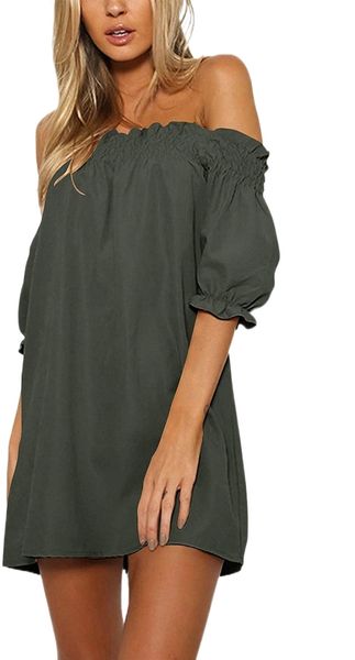 

women mini casual dresses solid off shoulder tunics short sleeves loose summer t shirt blouse mini dress 097c#, Black;gray