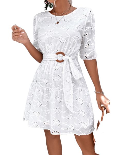 

bishop sleeve eyelet embroidered keyhole back ruffle hem belted dress v3lx#, Black;gray