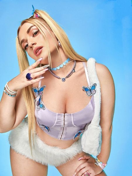 

plus butterfly appliques criss cross back crop cami 08i6#, Black