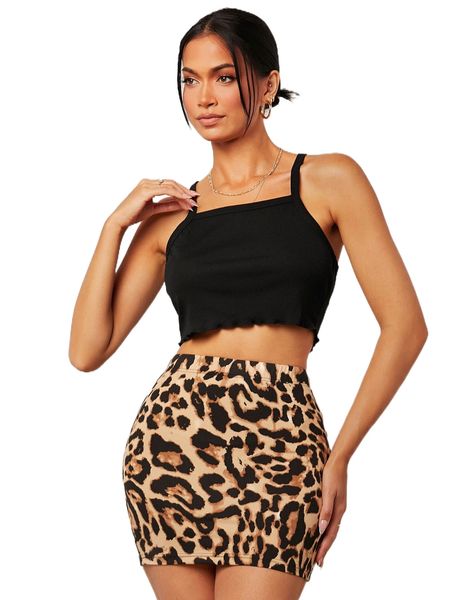 

lettuce trim crop cami & leopard print bodycon skirt 223e#, White
